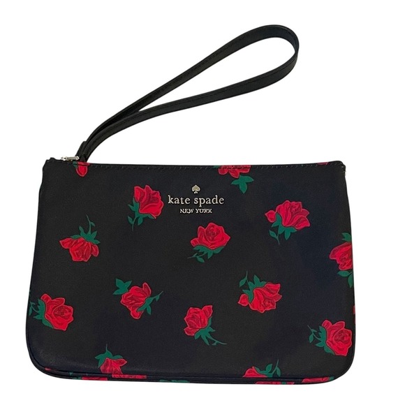 Kate Spade Chelsea Rose Toss Printed Medium Wristlet Pouch Black Red Travel - Picture 1 of 10